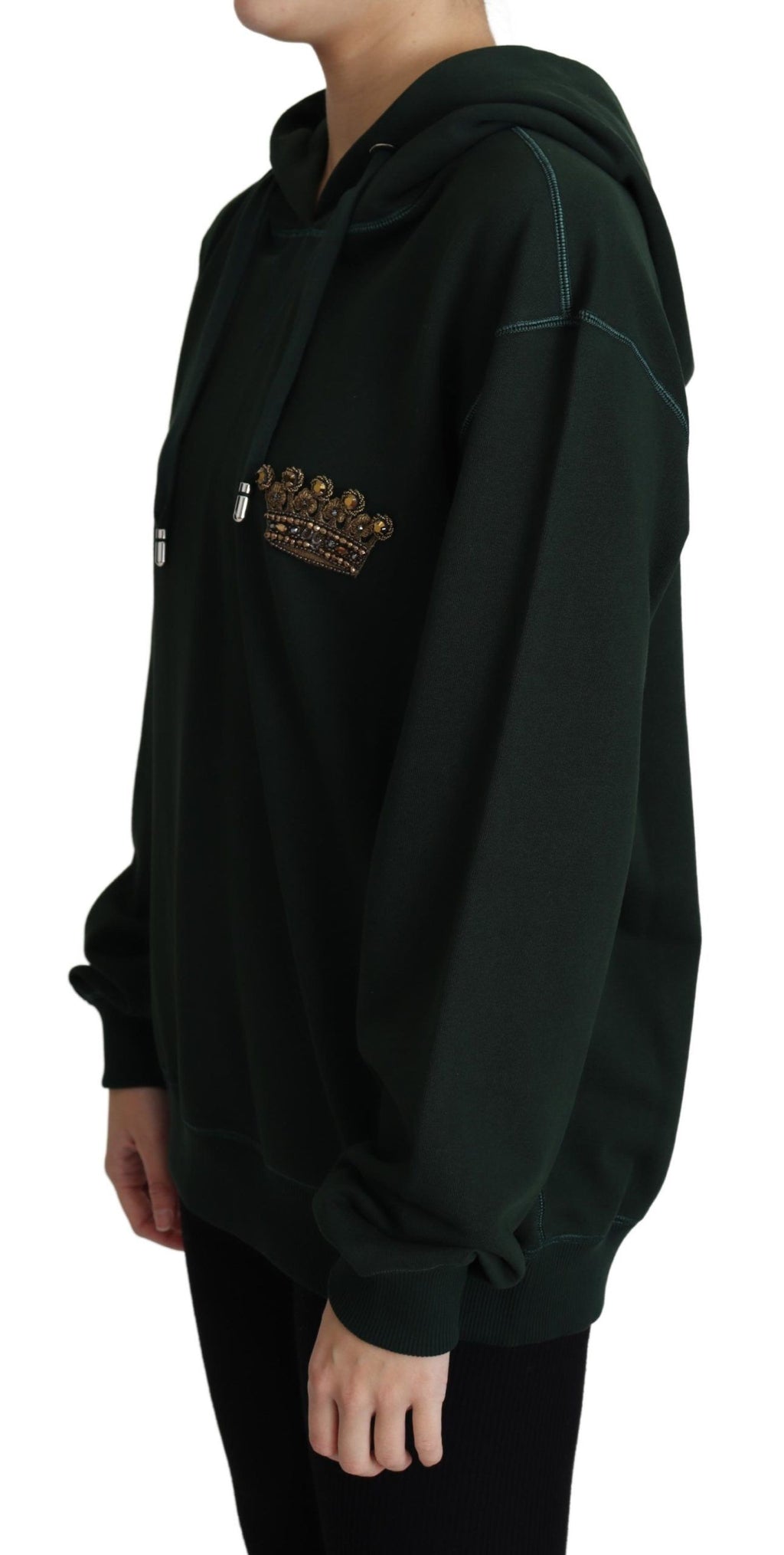 Dunkelgrüner Kapuzenpullover mit Kronenstickerei