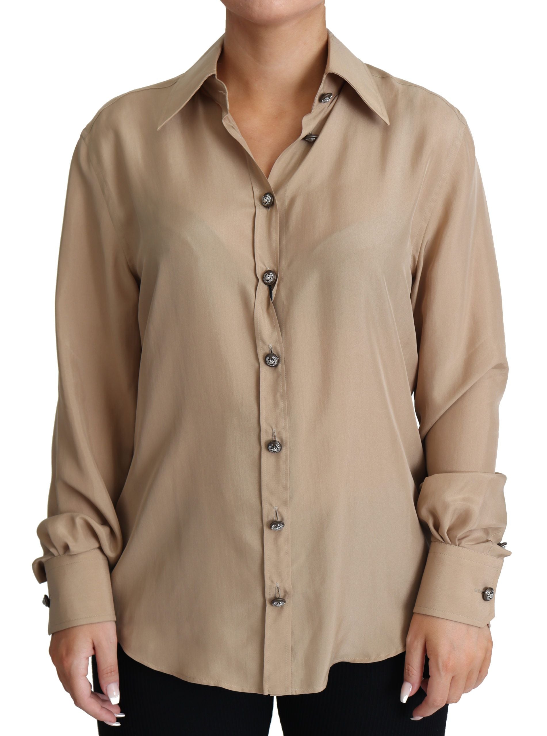 Beige Seidenhemd mit dekorativen Knöpfen
