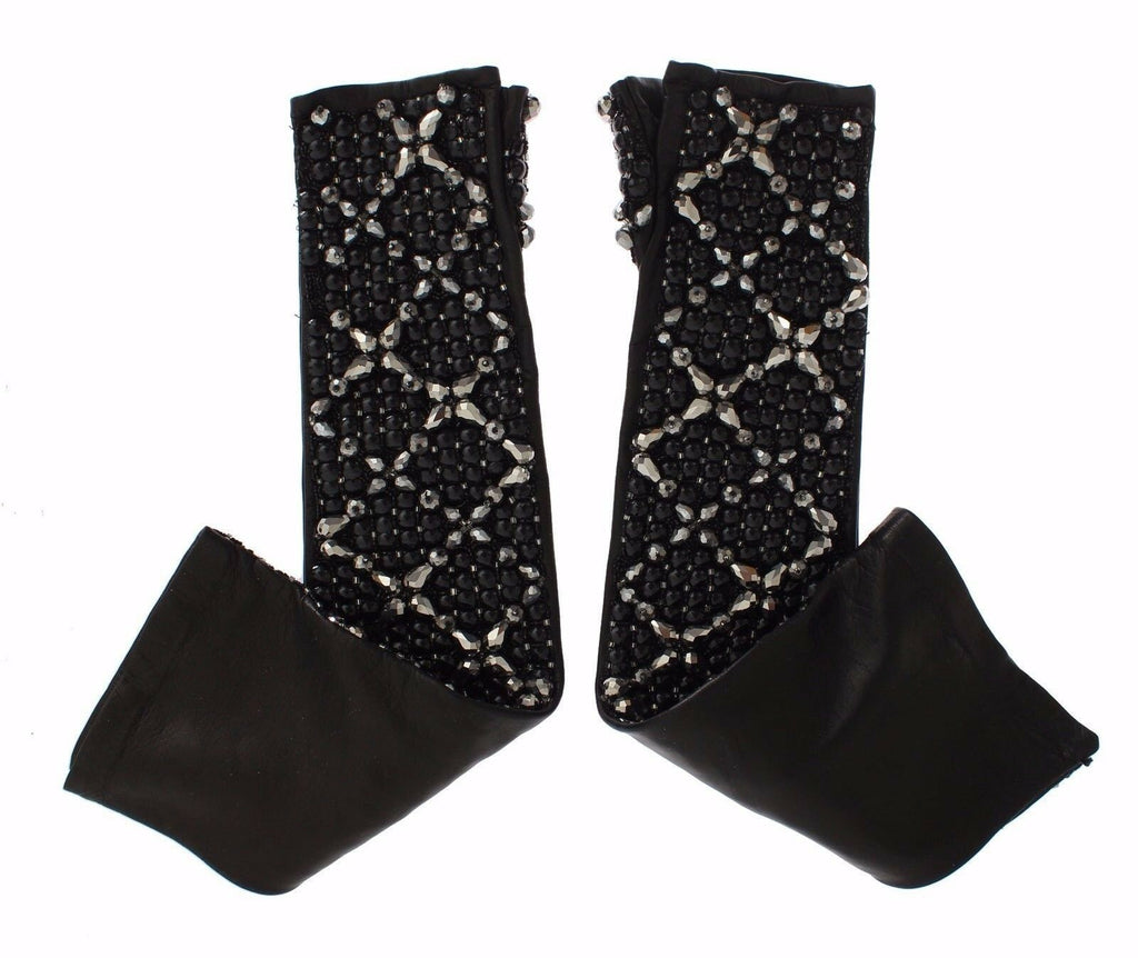 Schwarze fingerlose Lederhandschuhe mit Kristallperlen