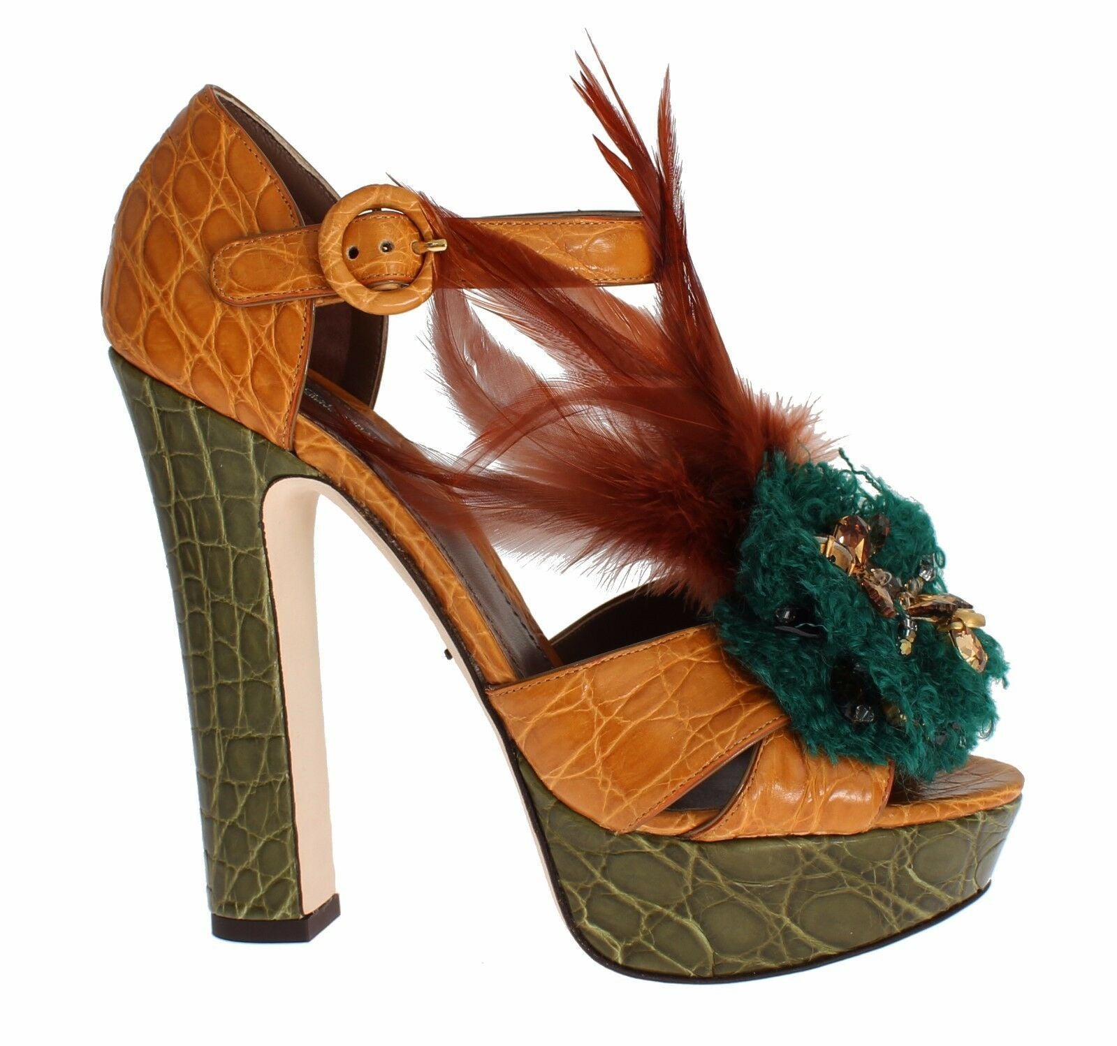 Orangefarbene Plateau-Sandalen aus Leder mit Kristallen