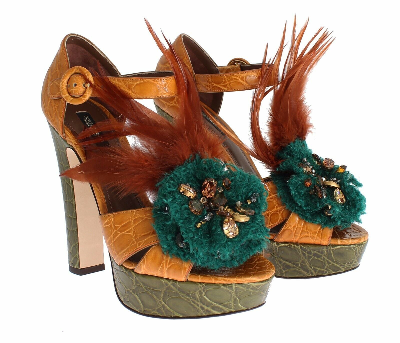 Orangefarbene Plateau-Sandalen aus Leder mit Kristallen