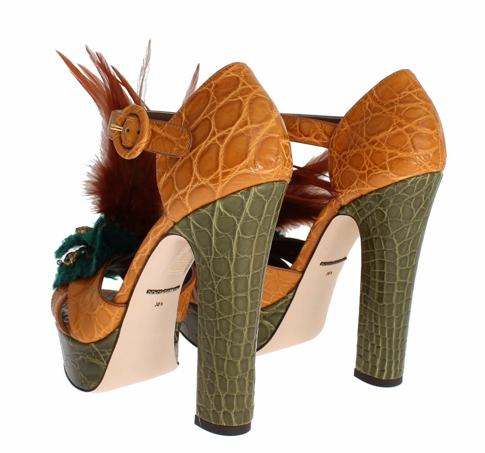 Orangefarbene Plateau-Sandalen aus Leder mit Kristallen