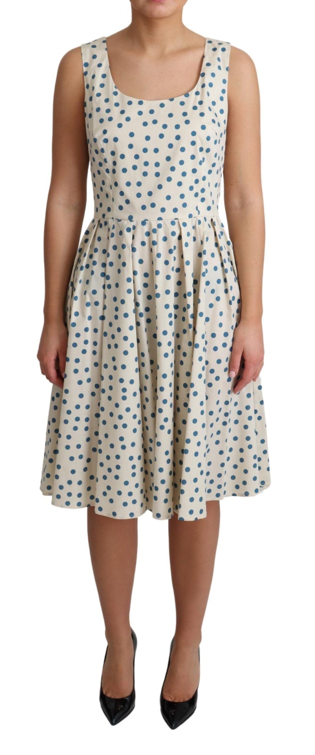 Beiges gepunktetes A-Linien-Kleid aus Baumwolle