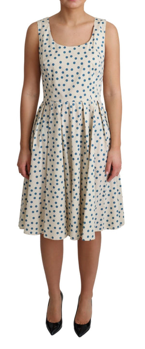 Beiges gepunktetes A-Linien-Kleid aus Baumwolle