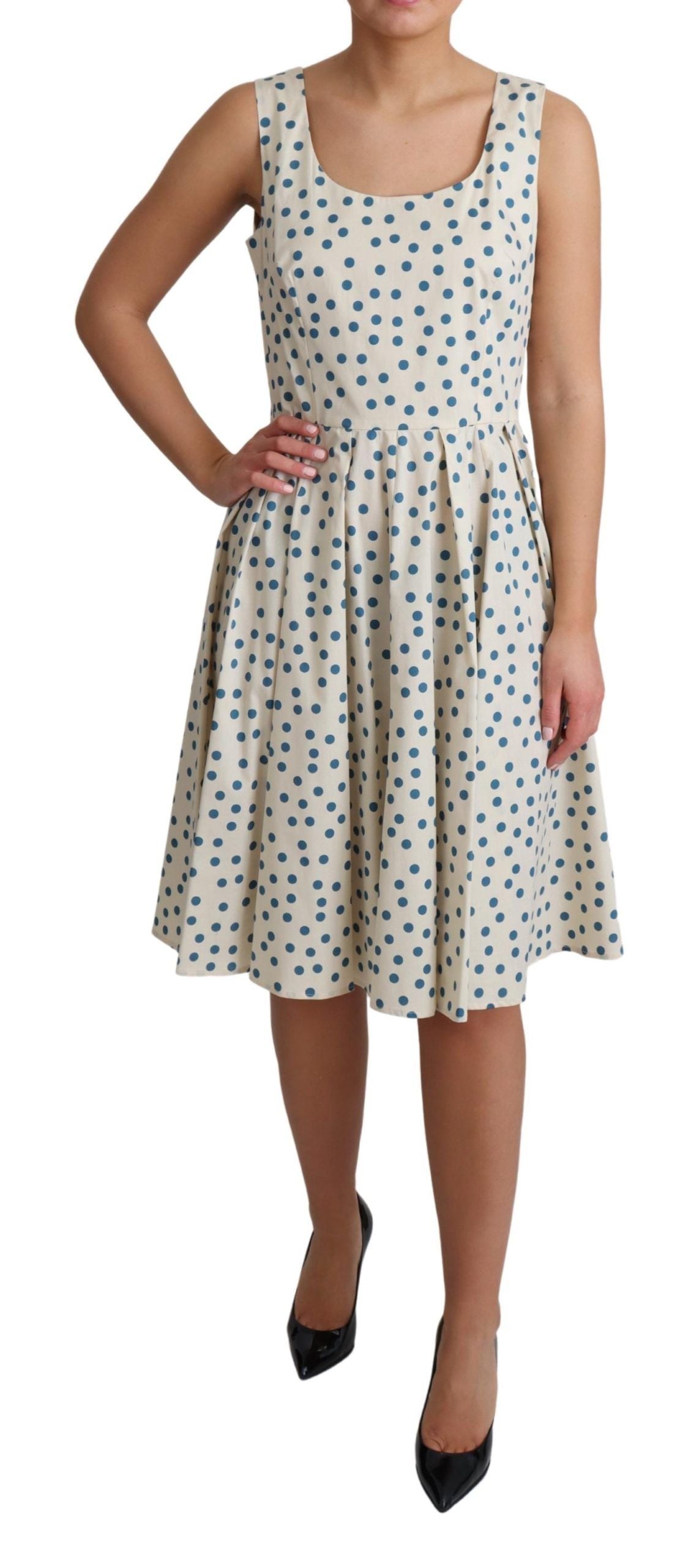 Beiges gepunktetes A-Linien-Kleid aus Baumwolle