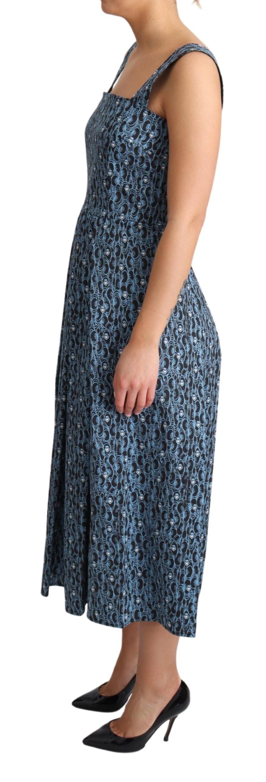 Blaues A-Linien-Stretchkleid aus Baumwolle mit Herzmuster