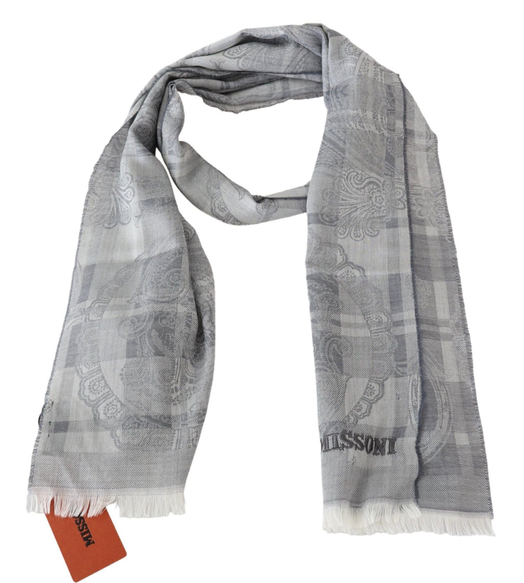 Grauer floraler Unisex-Halswickelschal aus Wolle mit Fransen