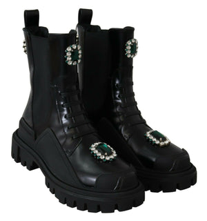 Schwarze Kampfstiefel aus Leder mit Kristallen