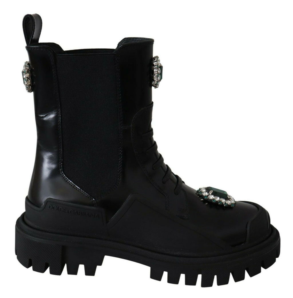 Schwarze Kampfstiefel aus Leder mit Kristallen