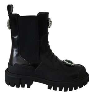 Schwarze Kampfstiefel aus Leder mit Kristallen