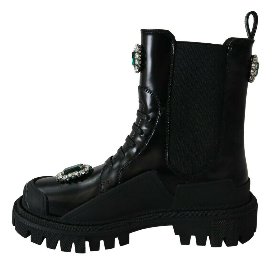 Schwarze Kampfstiefel aus Leder mit Kristallen