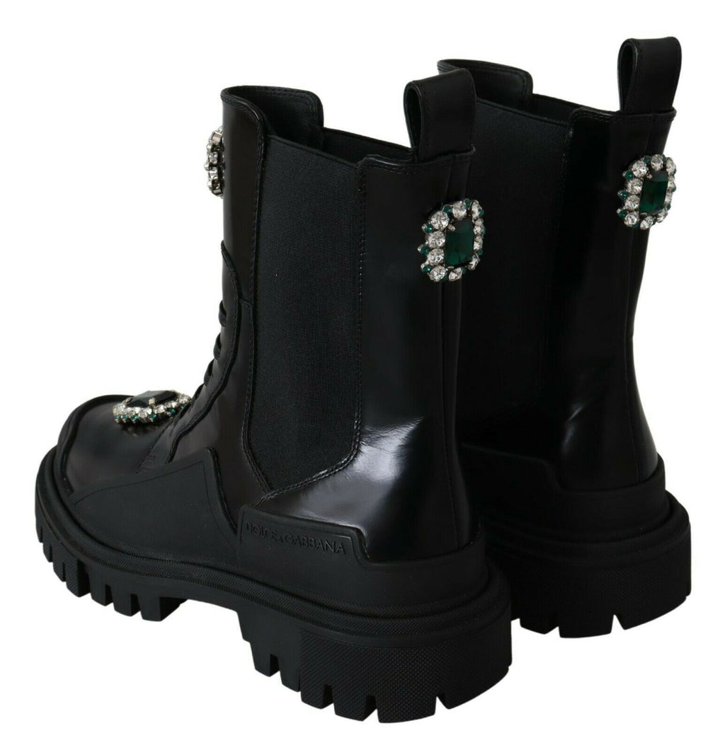 Schwarze Kampfstiefel aus Leder mit Kristallen