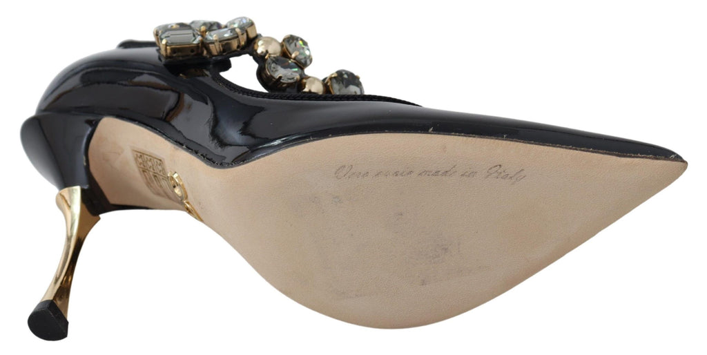 Schwarze Mary Jane Pumps aus Leder mit Kristallen