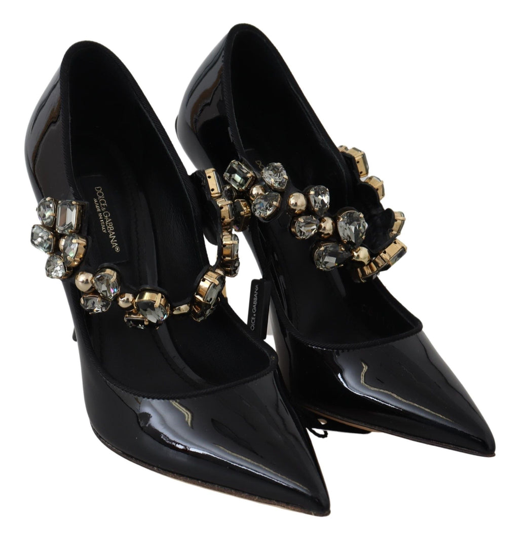 Schwarze Mary Jane Pumps aus Leder mit Kristallen