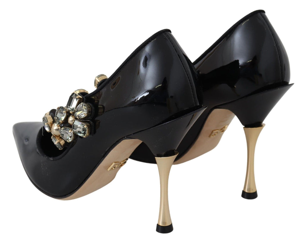 Schwarze Mary Jane Pumps aus Leder mit Kristallen