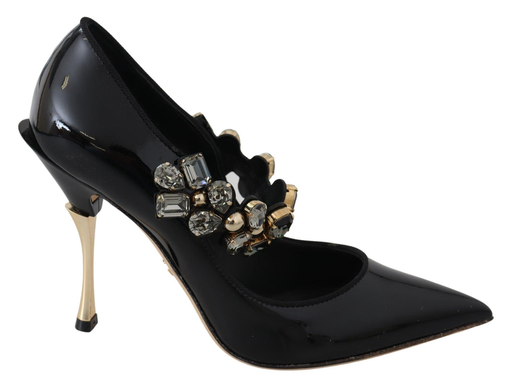 Schwarze Mary Jane Pumps aus Leder mit Kristallen