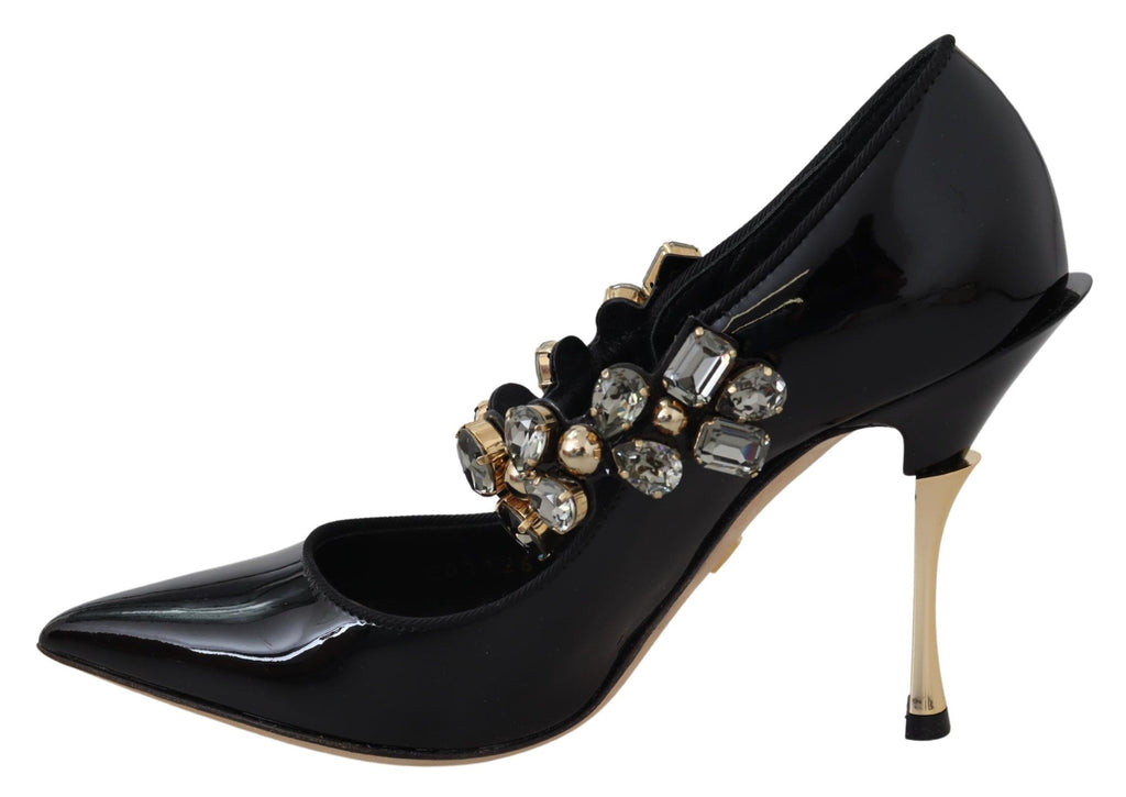 Schwarze Mary Jane Pumps aus Leder mit Kristallen