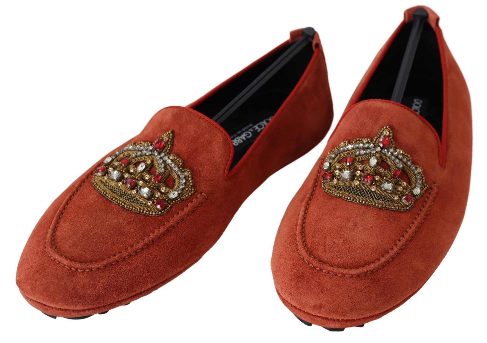 Orangefarbene Loafer aus Leder mit Kristallkrone