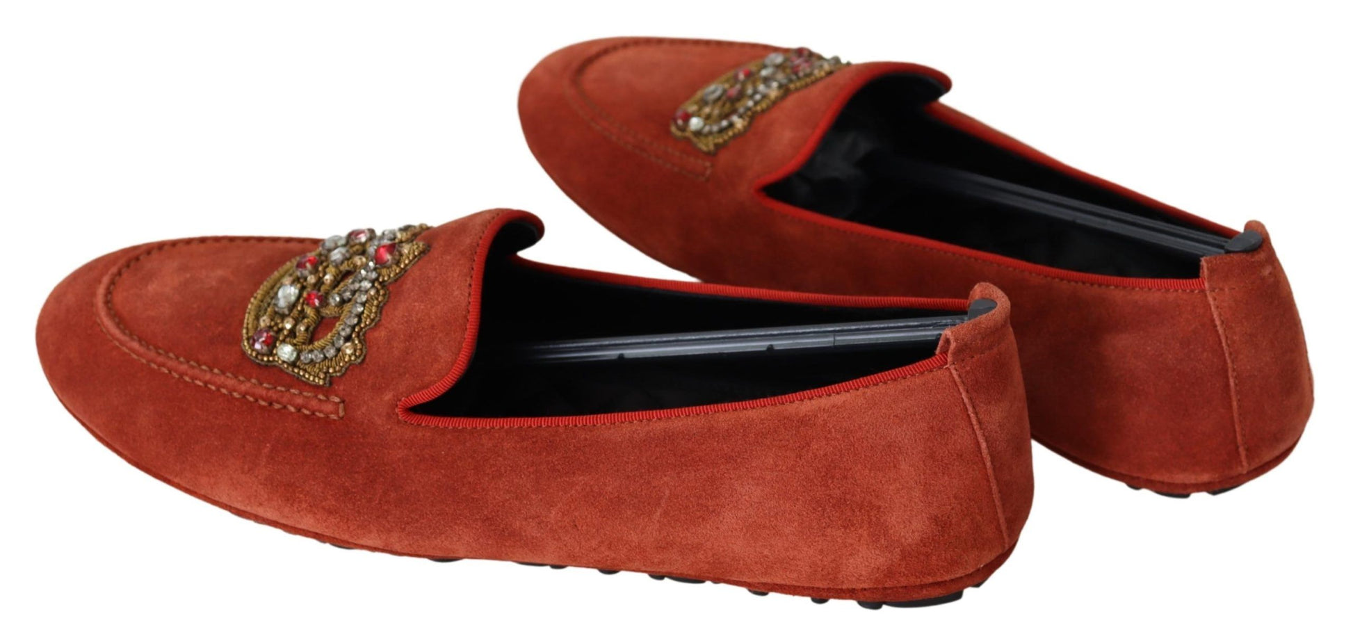 Orangefarbene Loafer aus Leder mit Kristallkrone