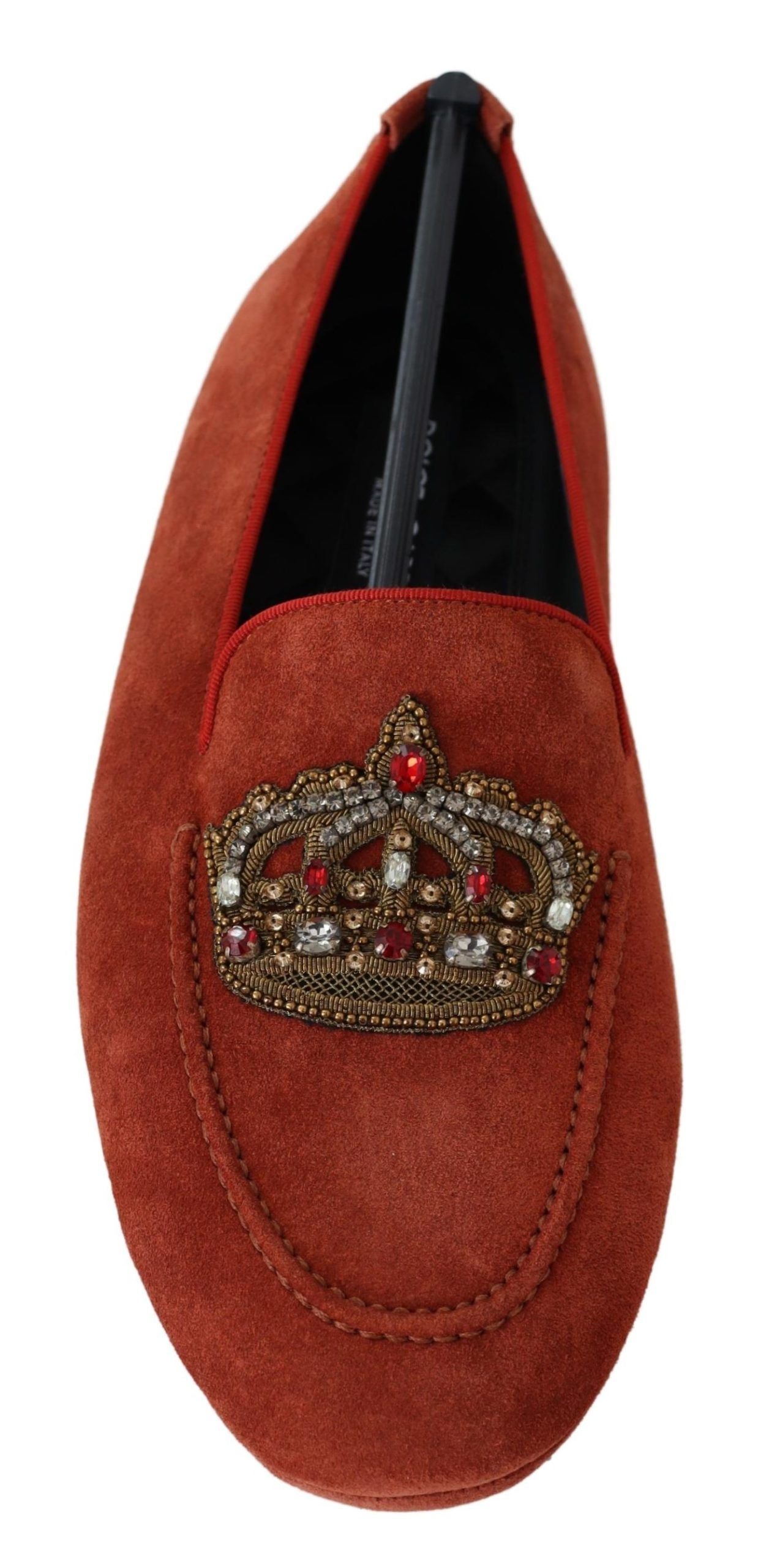 Orangefarbene Loafer aus Leder mit Kristallkrone