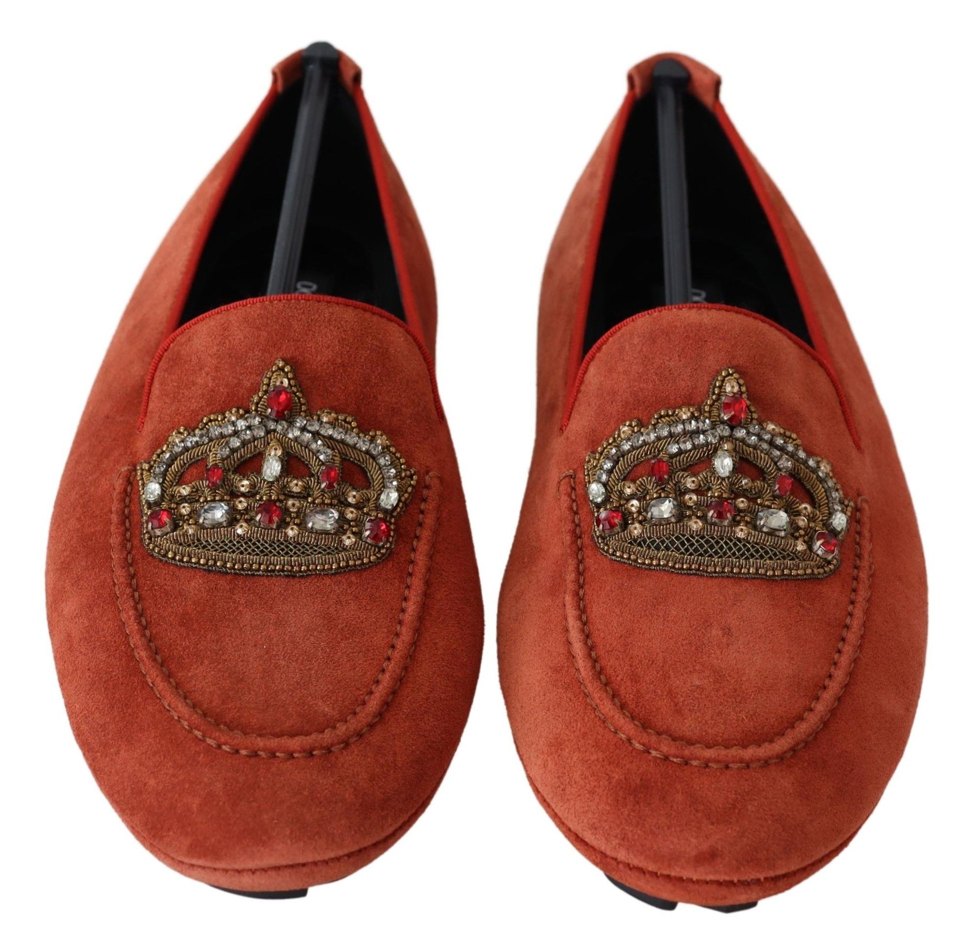 Orangefarbene Loafer aus Leder mit Kristallkrone