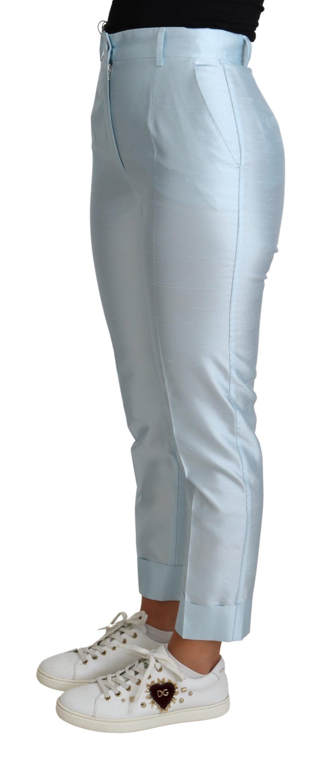 Hellblaue verkürzte, konisch zulaufende Seidenhose