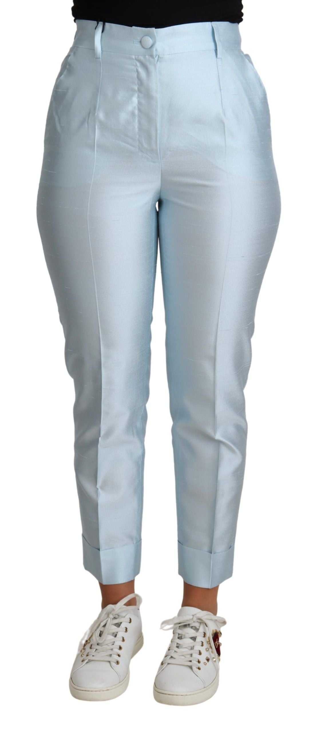 Hellblaue verkürzte, konisch zulaufende Seidenhose