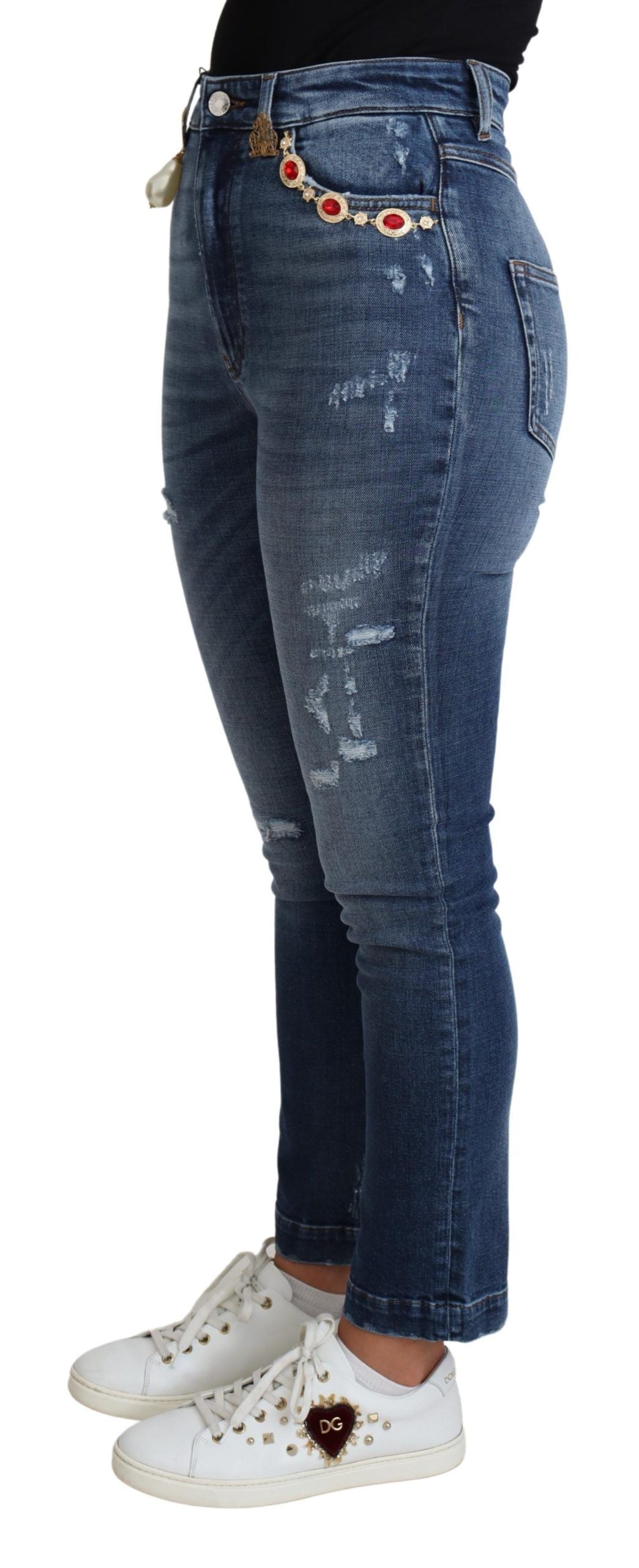 Blaue, verzierte Skinny-Jeans aus Baumwolle