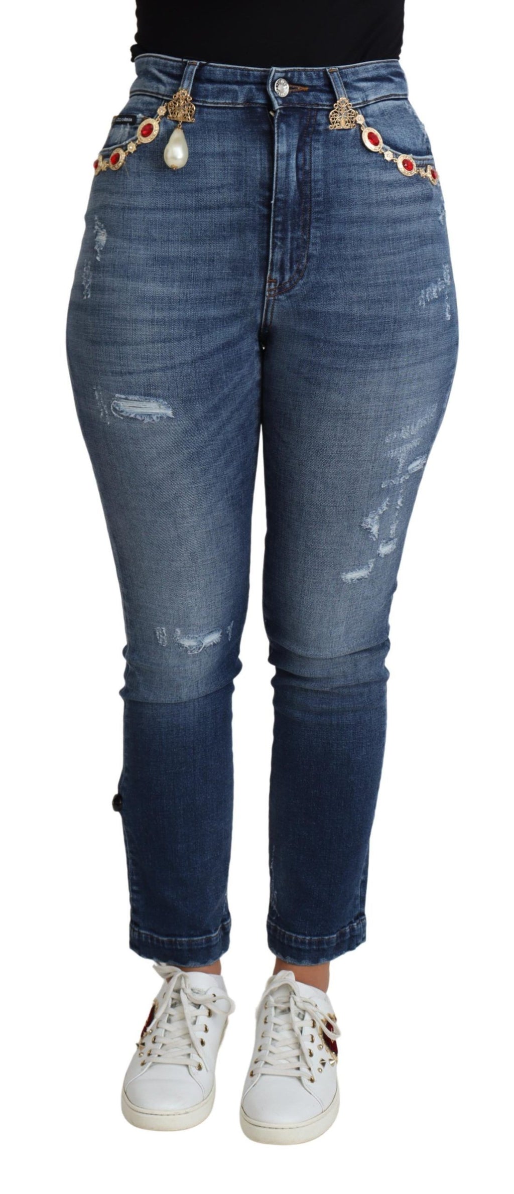 Blaue, verzierte Skinny-Jeans aus Baumwolle
