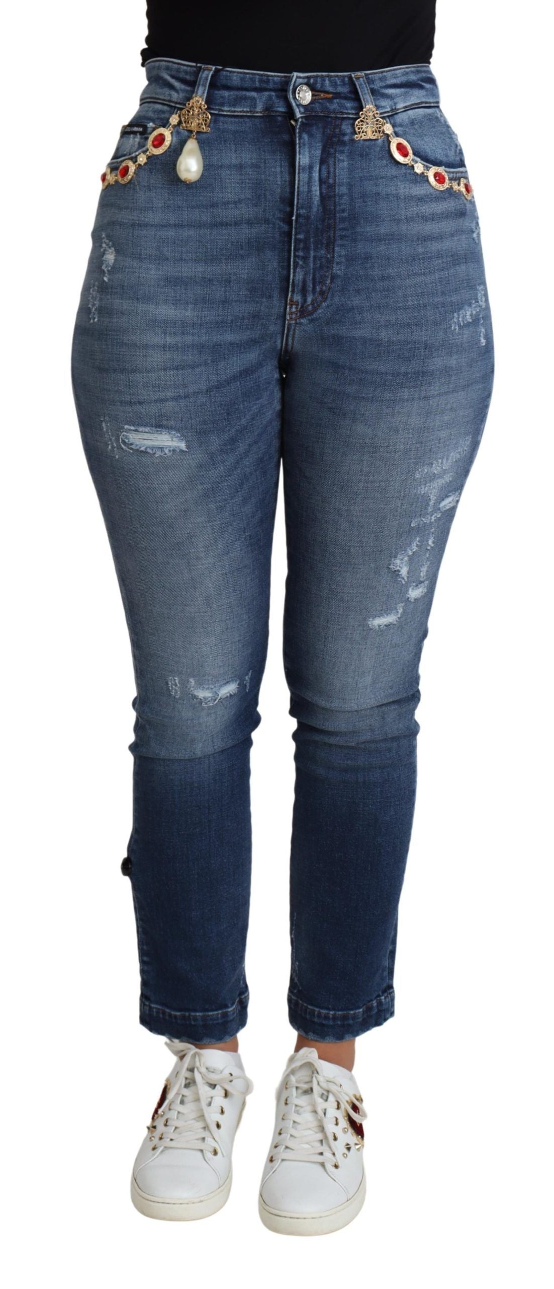 Blaue, verzierte Skinny-Jeans aus Baumwolle