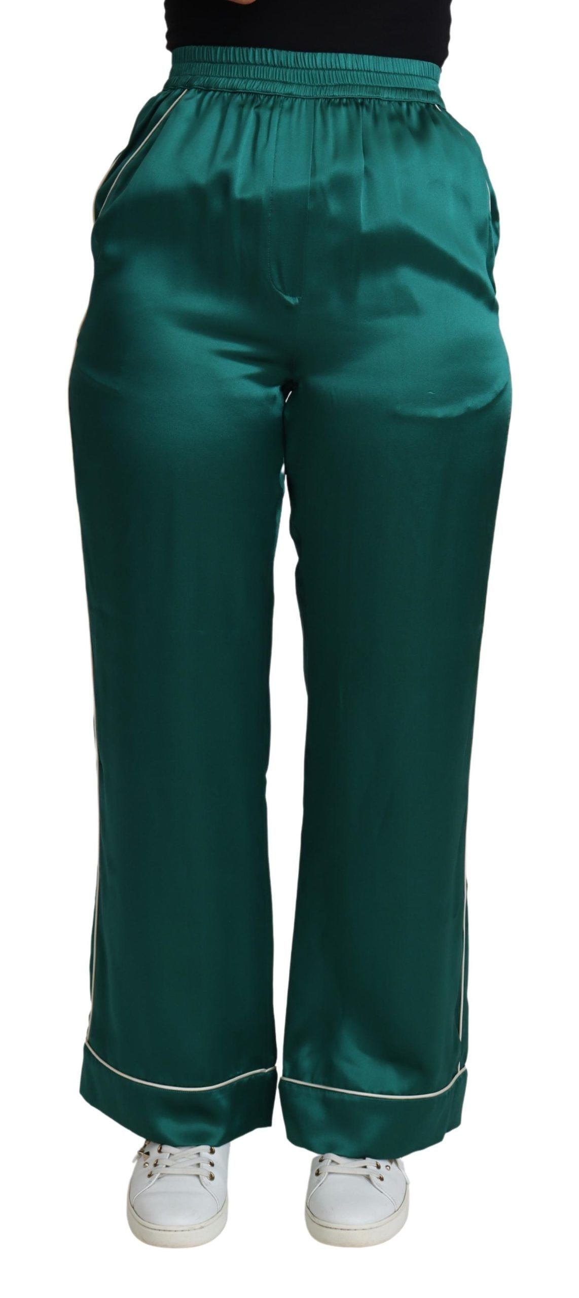 Grüne Pyjamahose mit hoher Taille aus Seide