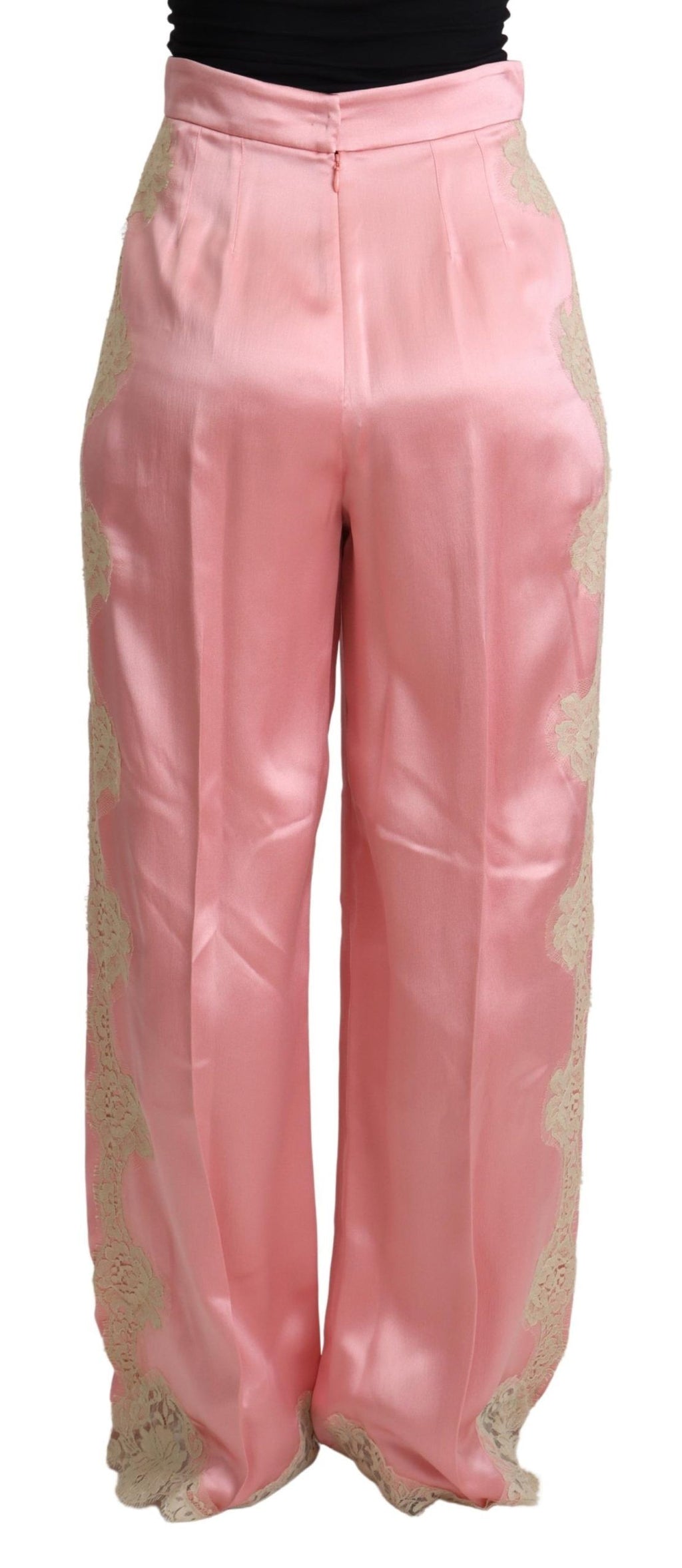 Rosa Hose aus Seidensatin mit weitem Bein und Spitzenbesatz