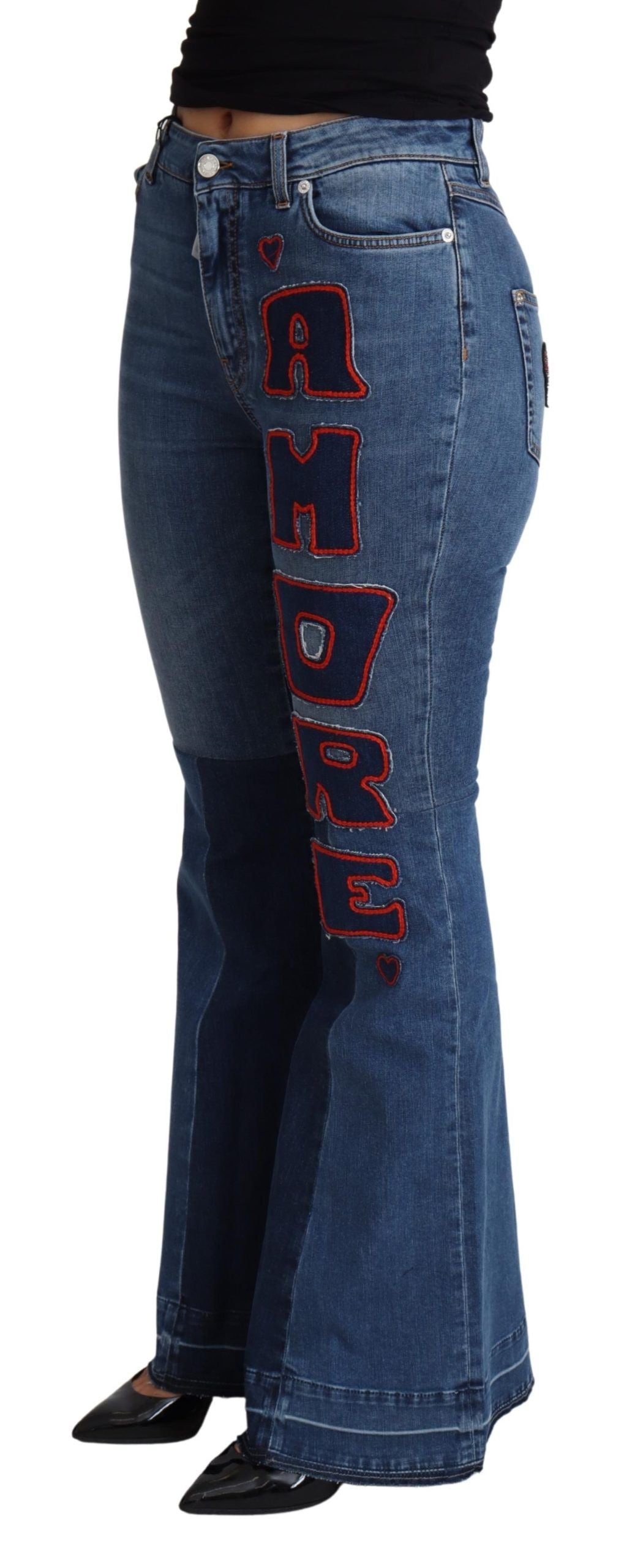 Blaue Bootcut-Hose aus Baumwollstretch mit Amore-Patch
