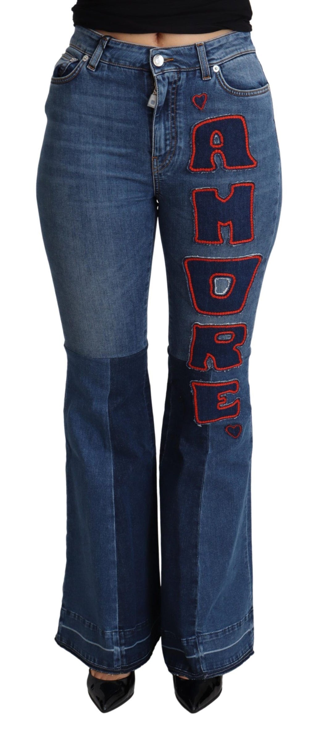 Blaue Bootcut-Hose aus Baumwollstretch mit Amore-Patch