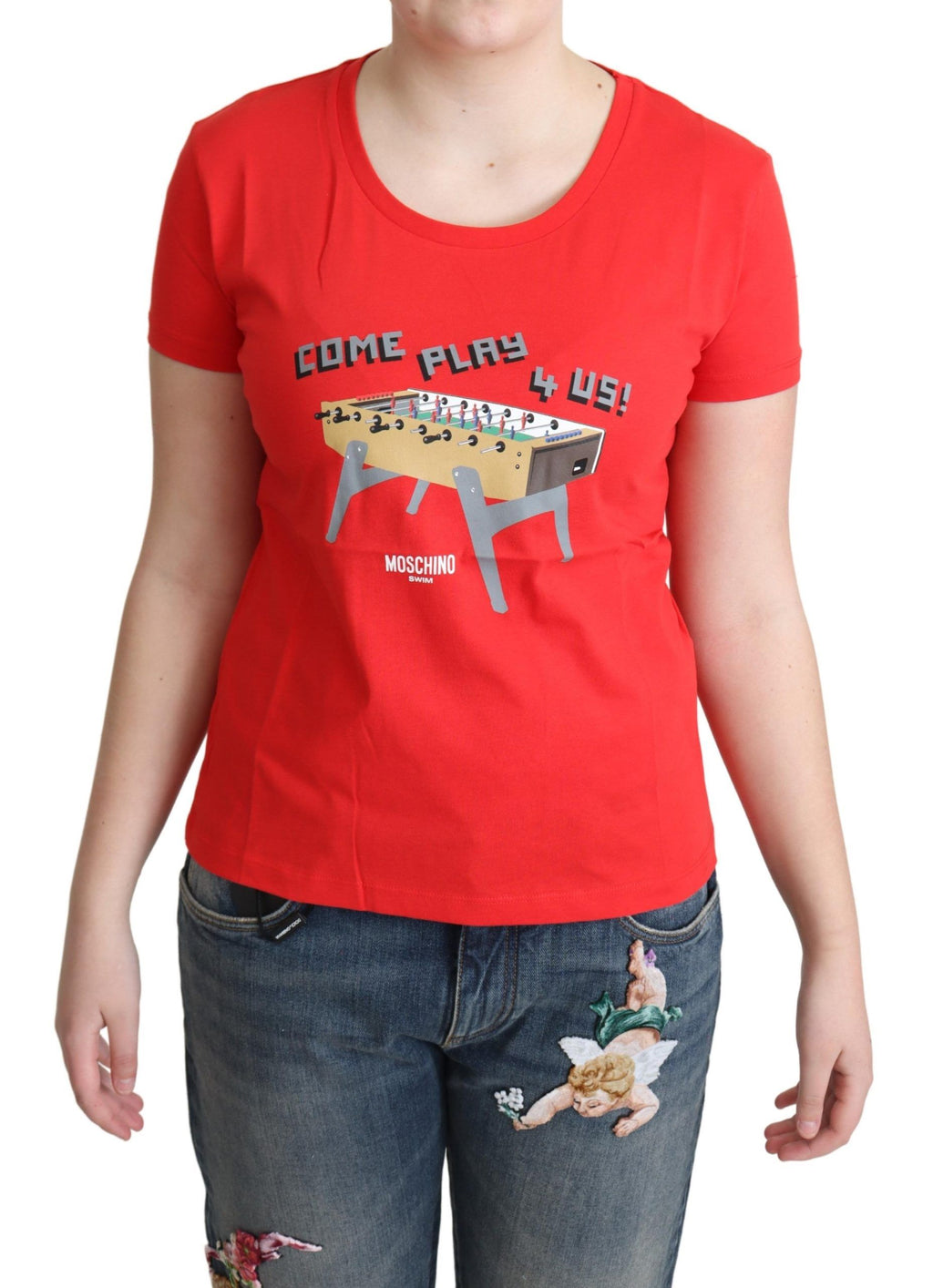 Rotes T-Shirt mit „Come Play 4 Us“-Aufdruck aus Baumwolle