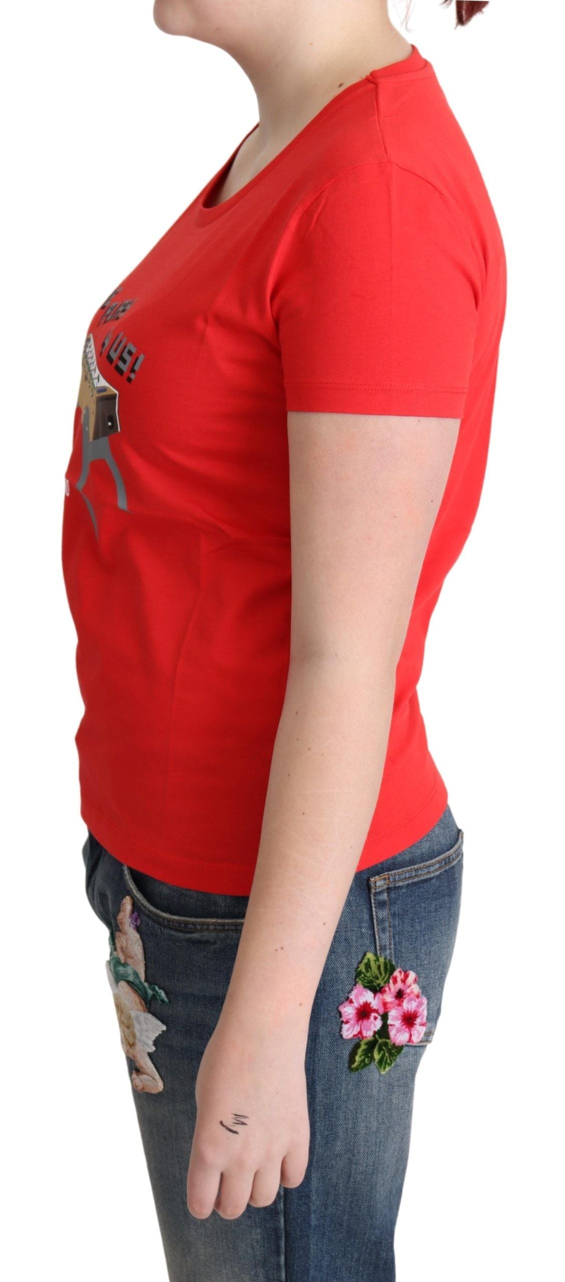 Rotes T-Shirt mit „Come Play 4 Us“-Aufdruck aus Baumwolle