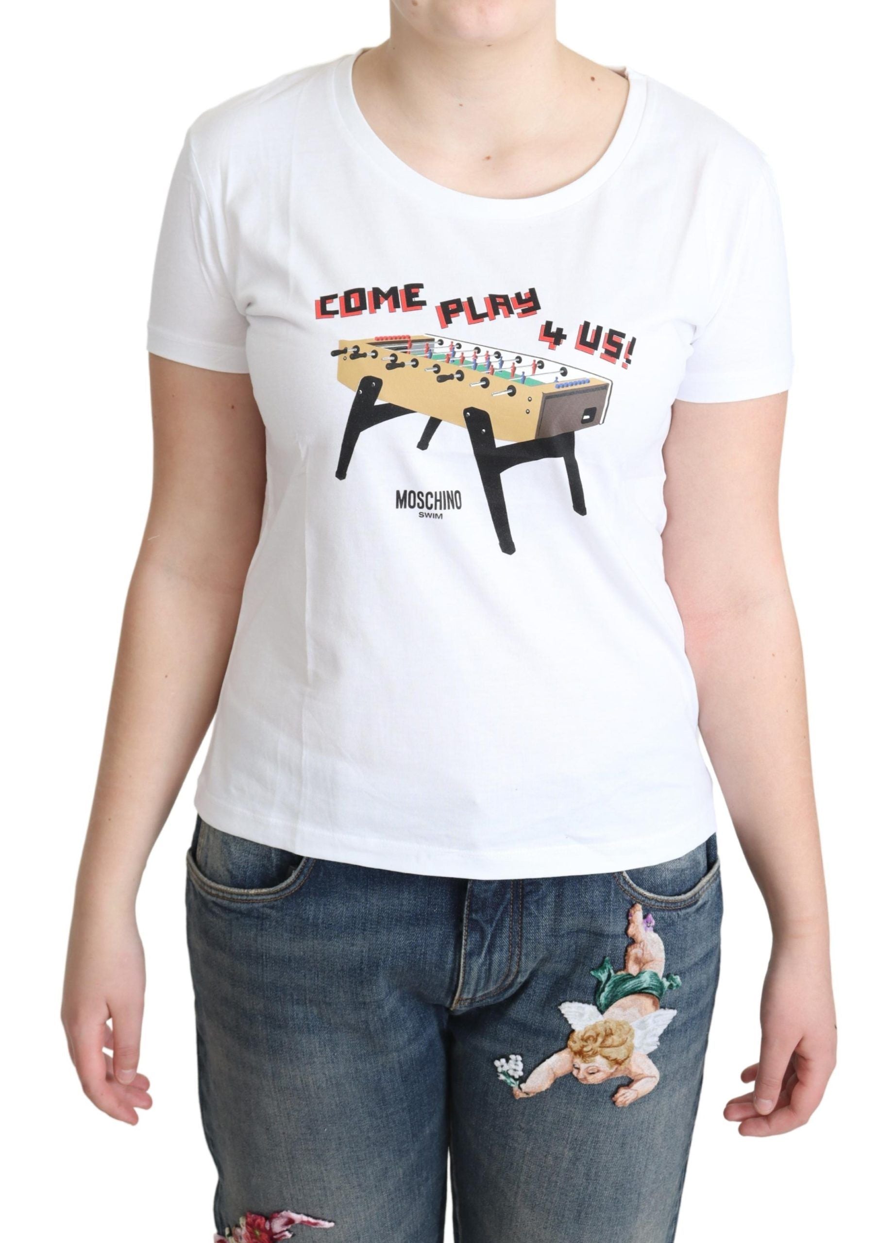 Weißes T-Shirt aus Baumwolle mit „Come Play 4 Us“-Aufdruck
