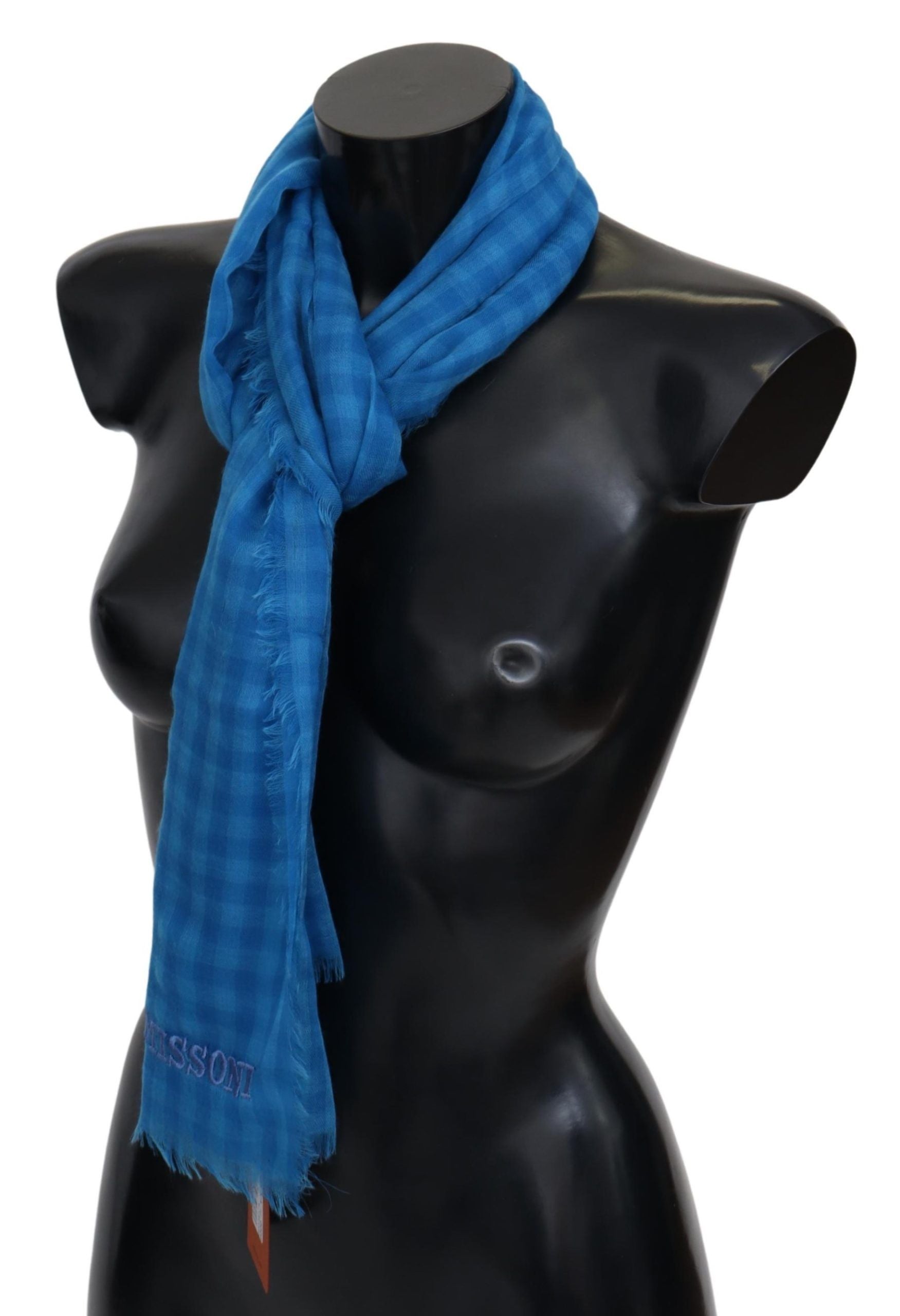 Blau karierter Unisex-Wickelschal aus Kaschmir mit Fransen