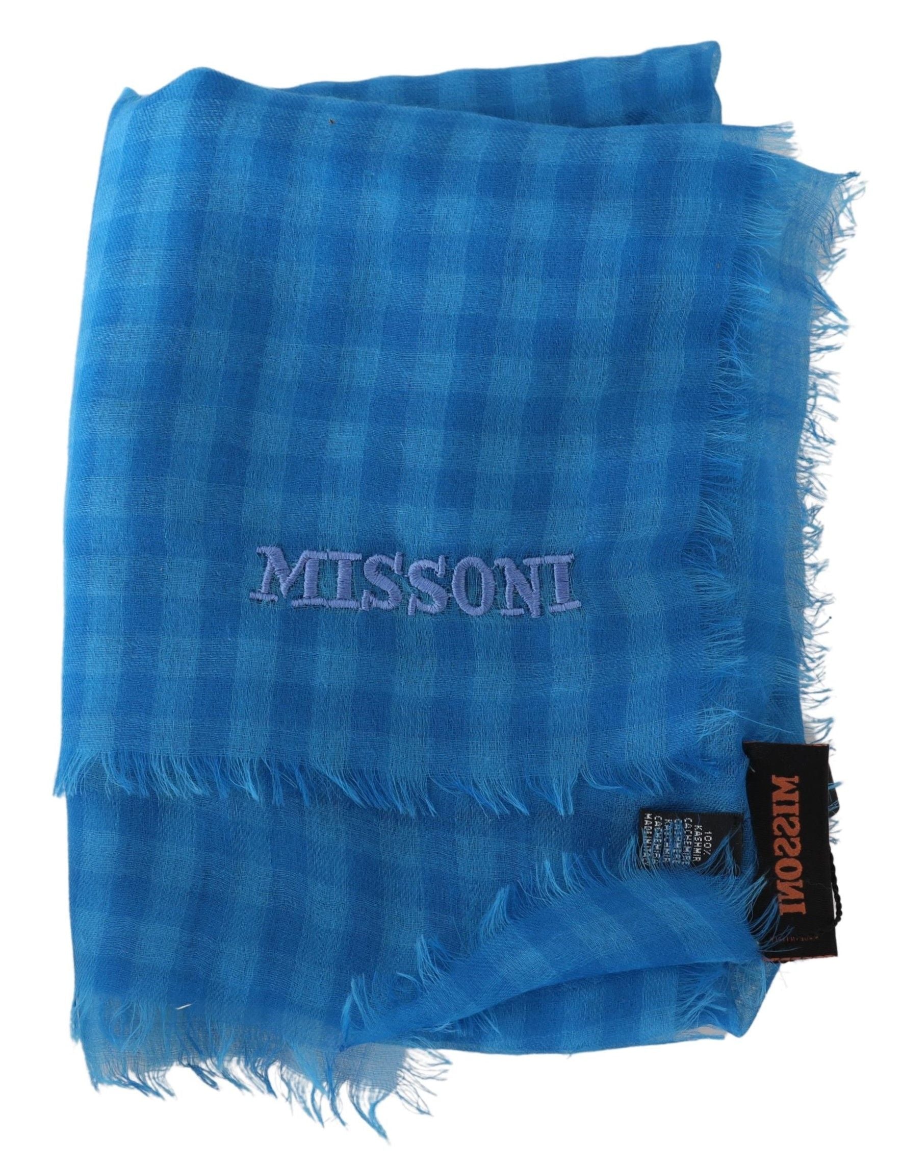 Blau karierter Unisex-Wickelschal aus Kaschmir mit Fransen