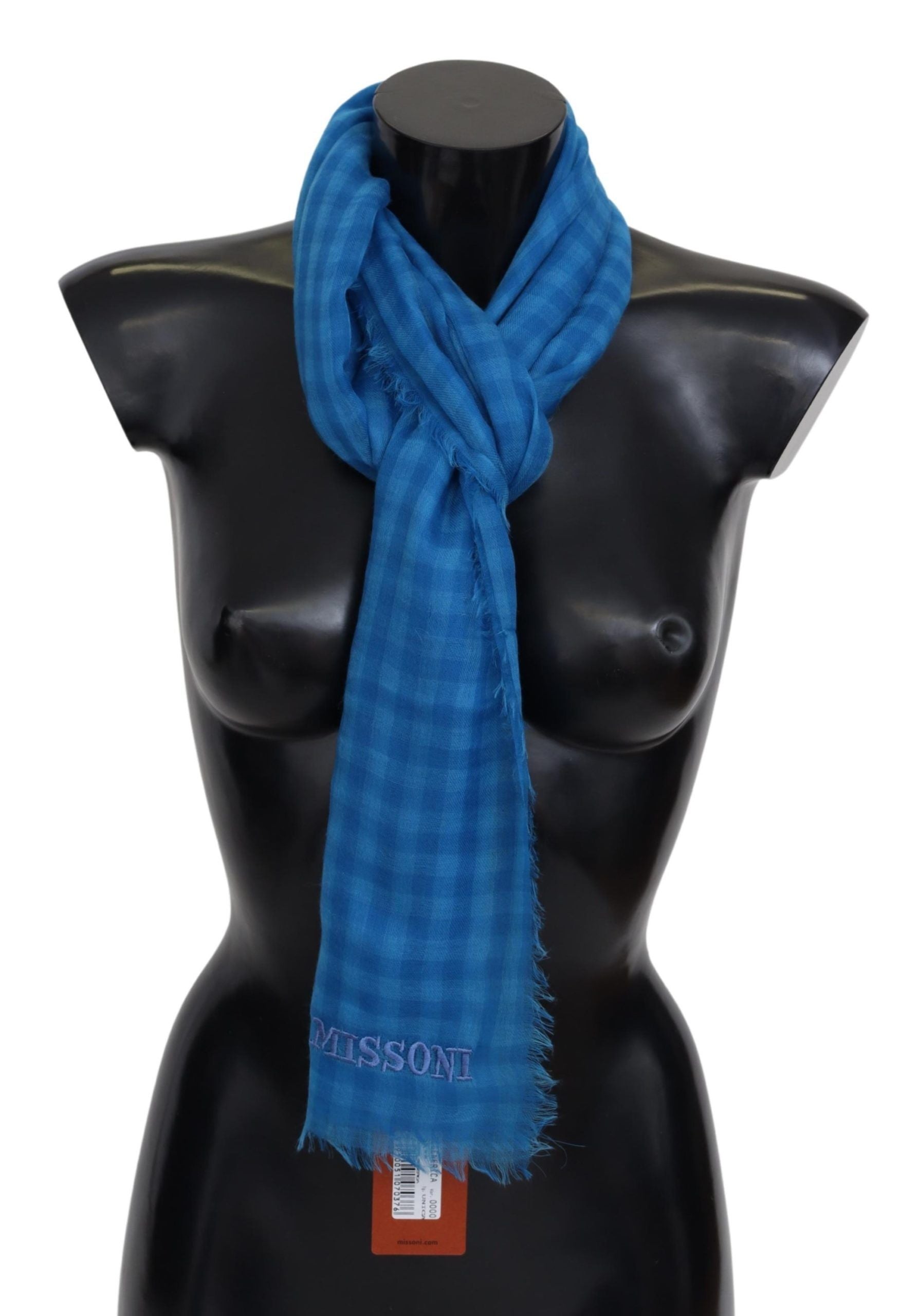 Blau karierter Unisex-Wickelschal aus Kaschmir mit Fransen