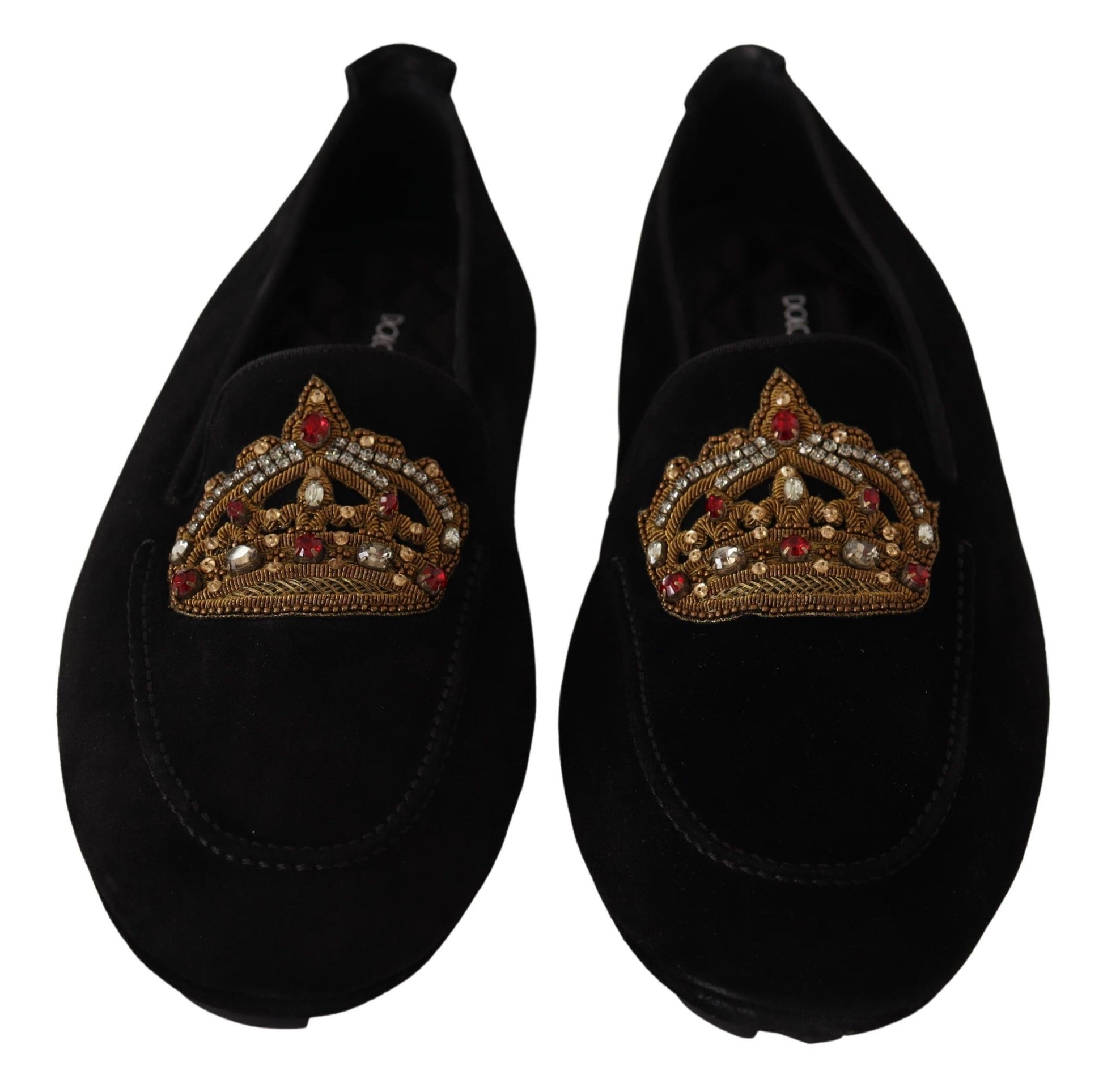 Schwarze Leder-Loafer mit Kristall- und Goldkrone