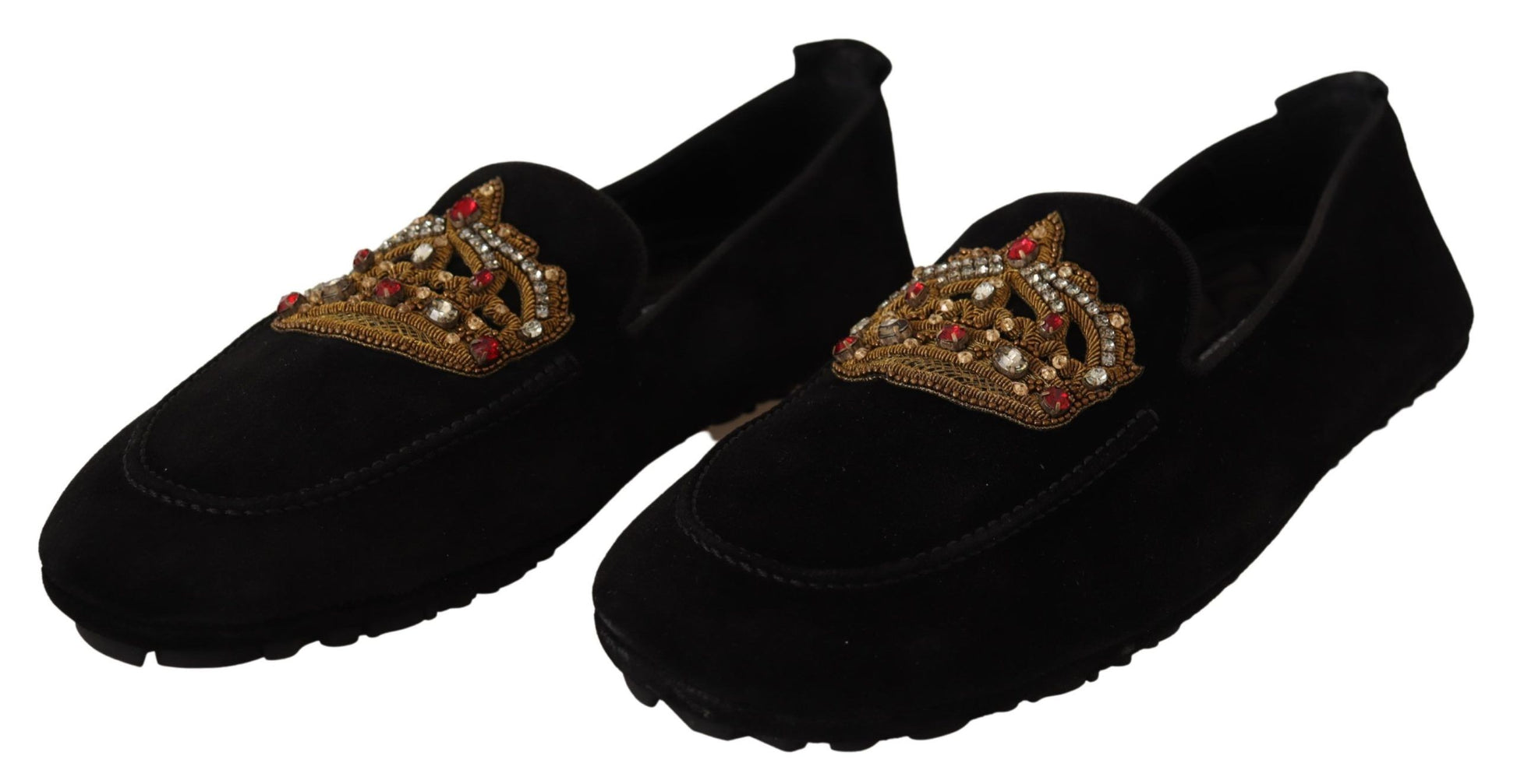 Schwarze Leder-Loafer mit Kristall- und Goldkrone