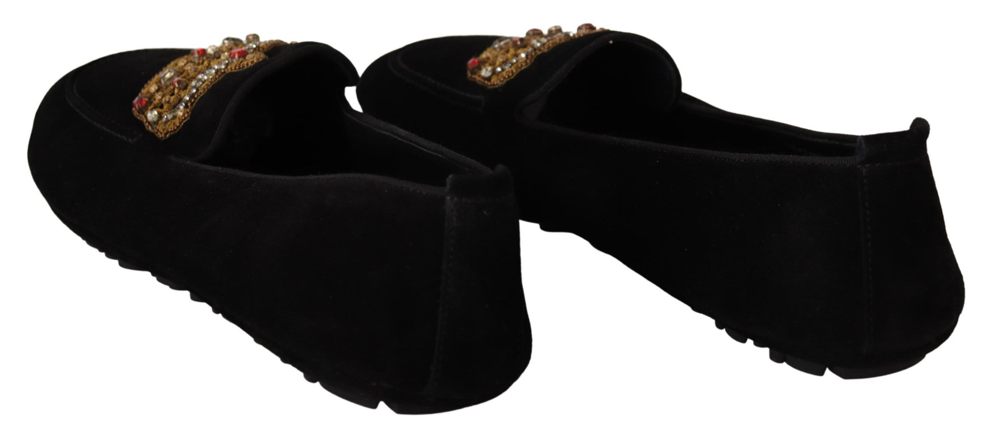Schwarze Leder-Loafer mit Kristall- und Goldkrone