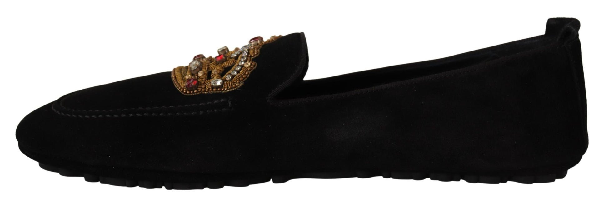 Schwarze Leder-Loafer mit Kristall- und Goldkrone