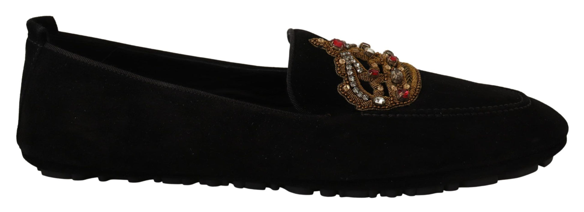 Schwarze Leder-Loafer mit Kristall- und Goldkrone