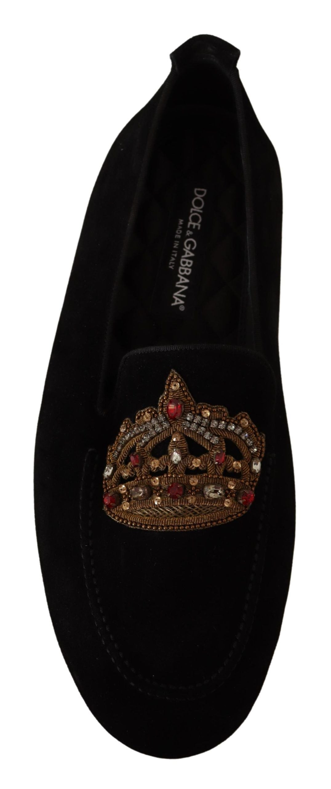 Schwarze Leder-Loafer mit Kristall- und Goldkrone