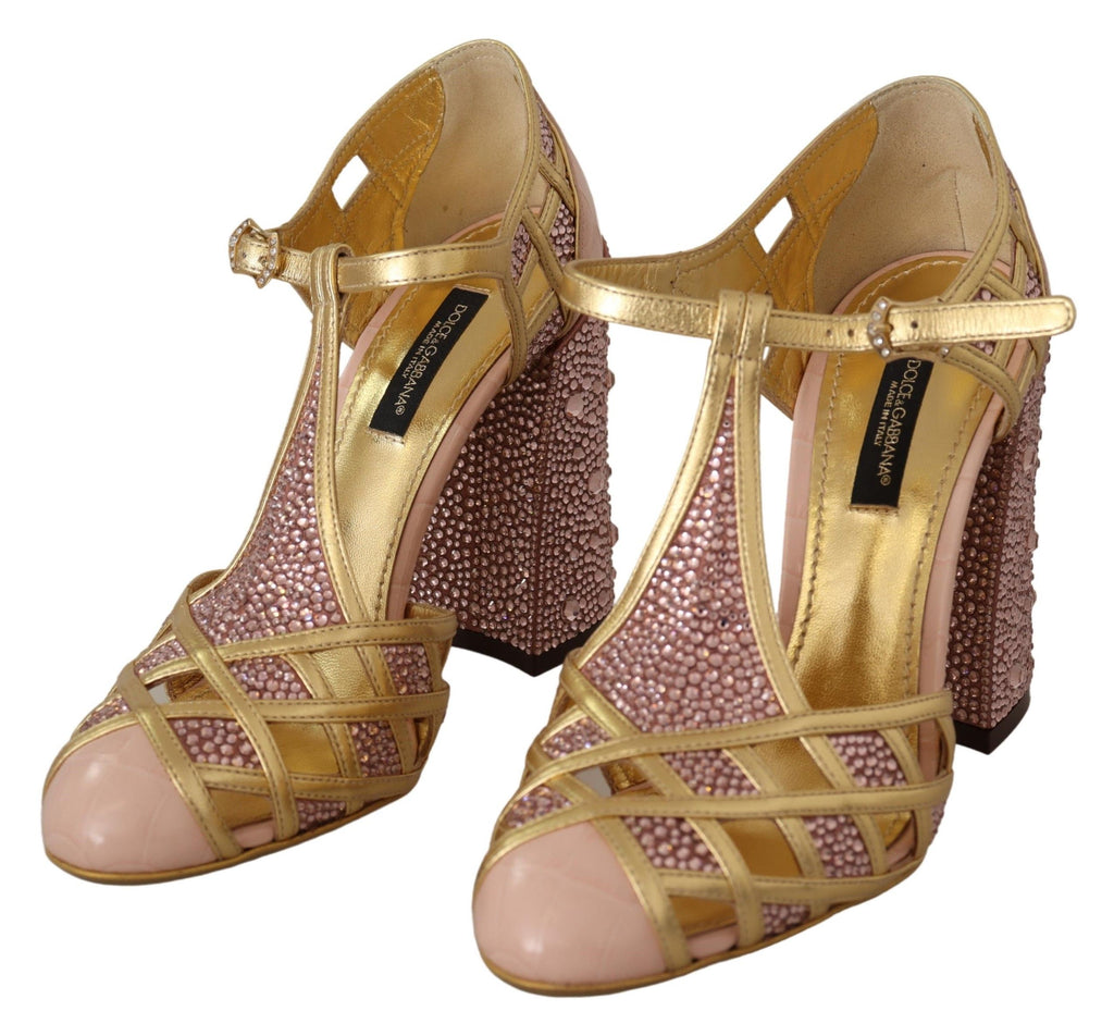 Rosagoldene Leder-Pumps mit Kristallen und T-Riemen