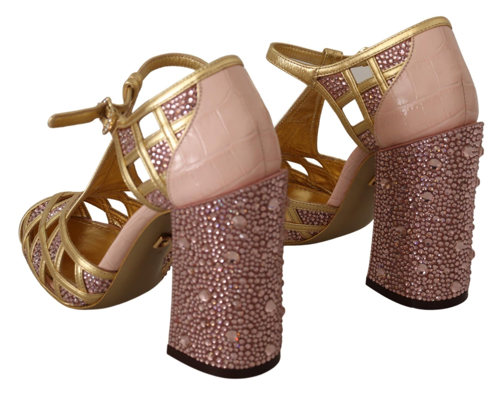 Rosagoldene Leder-Pumps mit Kristallen und T-Riemen