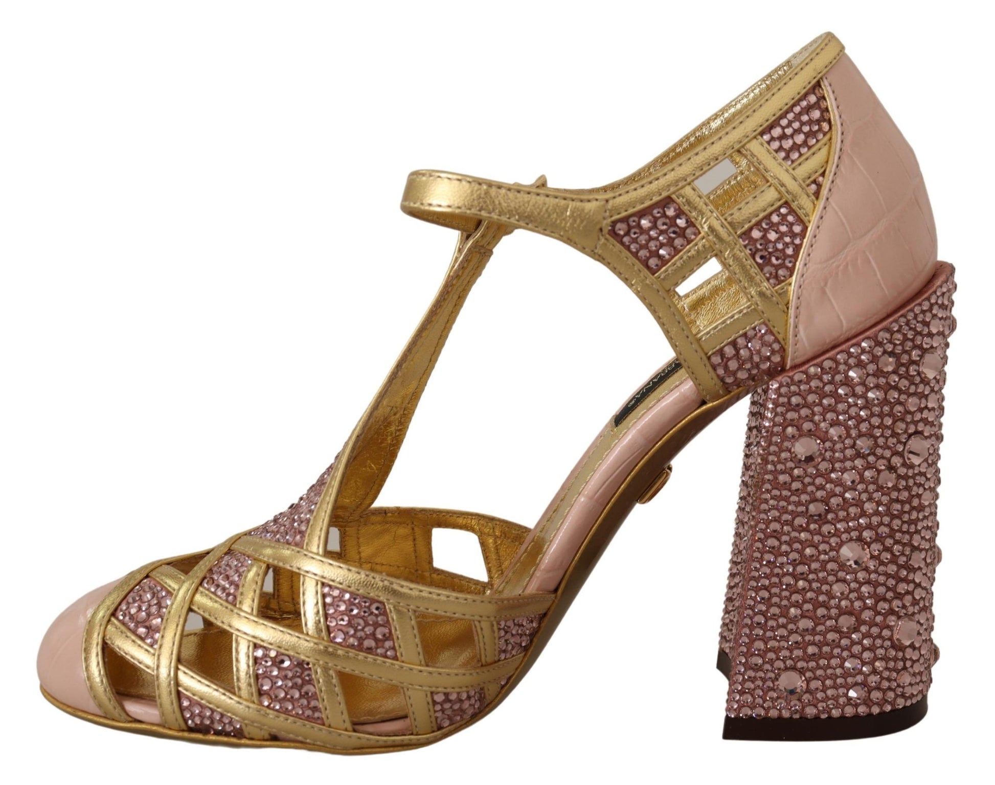 Rosagoldene Leder-Pumps mit Kristallen und T-Riemen