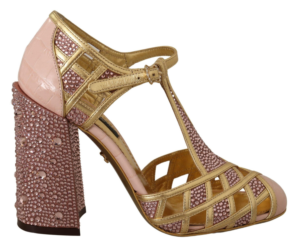 Rosagoldene Leder-Pumps mit Kristallen und T-Riemen
